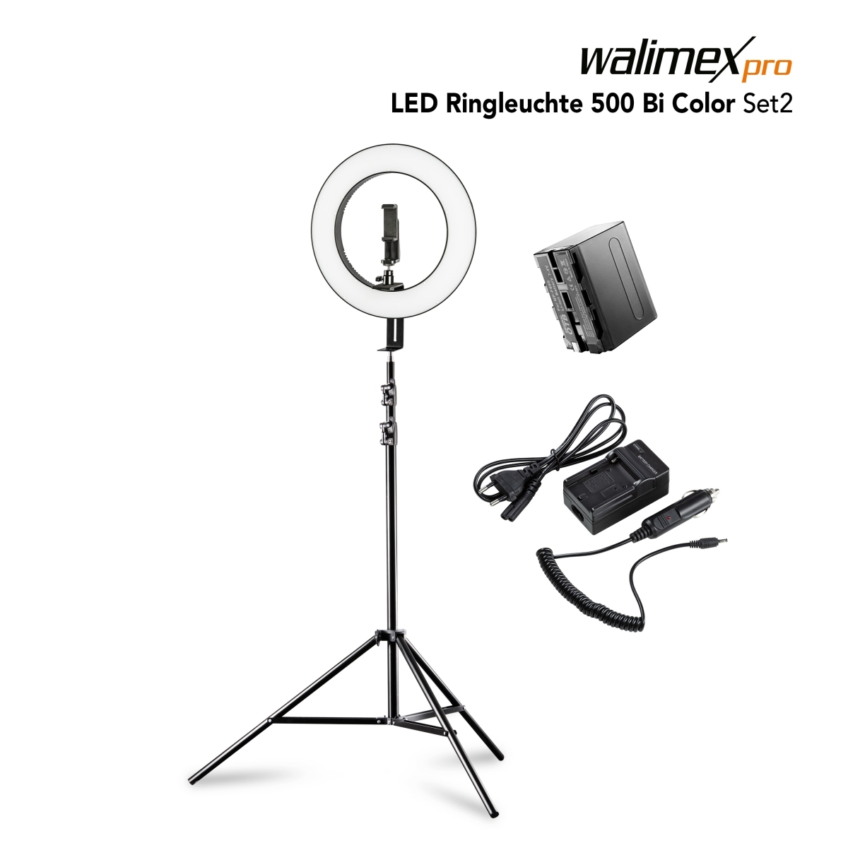 Walimex pro LED Ringleuchte 500 Bi Color Set inkl. Lampenstativ und 2 Akkus