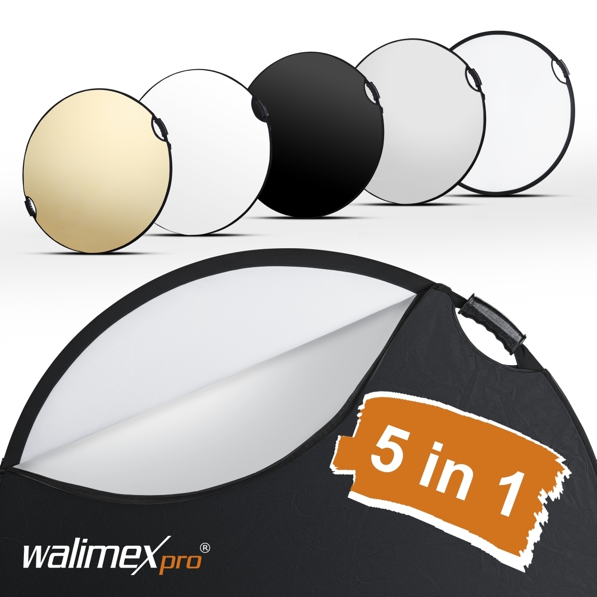 Walimex pro 5in1 riflettore pieghevole wavy comfort Ø56cm con maniglie e 5 colori di riflettore